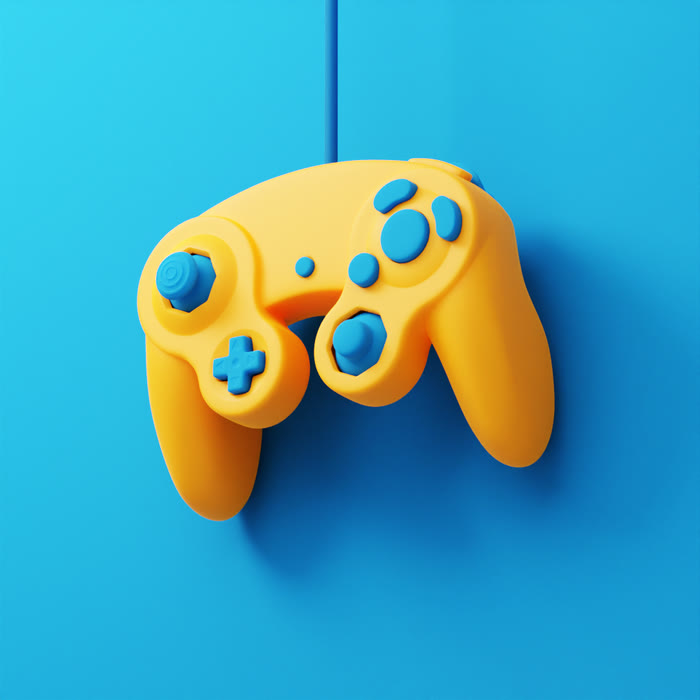 Stylised GameCube controller, yellow on a blue ground