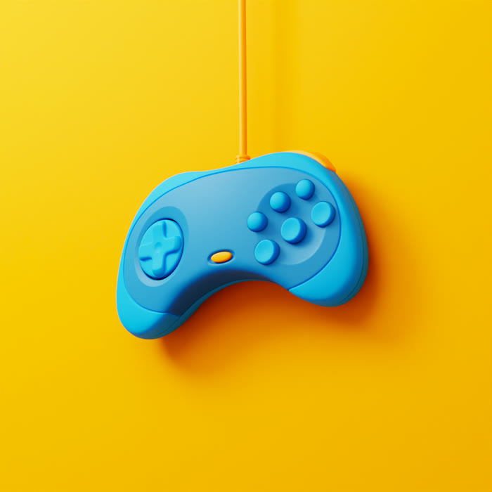 Stylised Sega Saturn controller, blue on a yellow ground