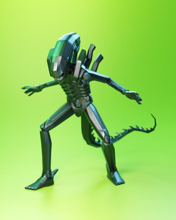 Faceted low-poly xenomorph in a wide stance against a green ground