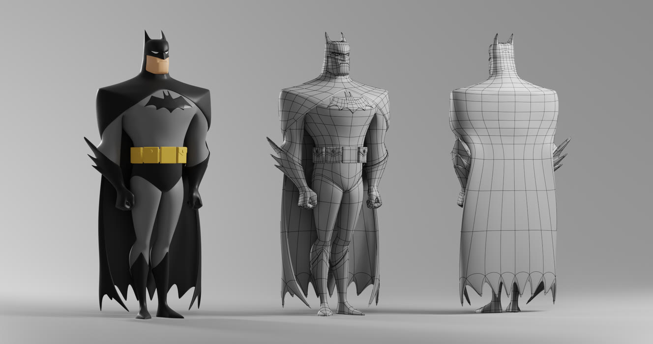 Breakdown of the Batman model: finished render, wireframe cage and untextured clay, side by side