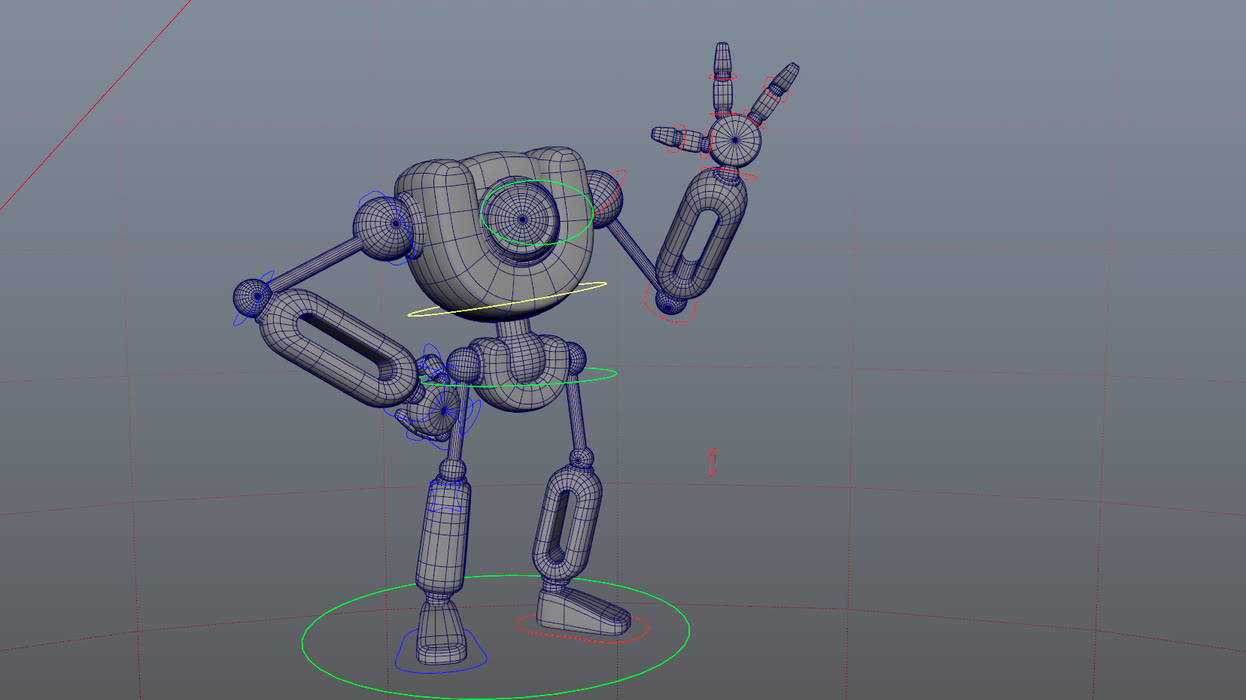 The YooBot character in a Maya viewport showing its animation rig: control curves at the hips, spine, wrists and feet